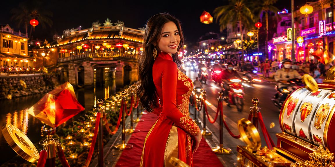 Người dùng Hội An mặc áo dài tham gia slot game trực tuyến trong không gian văn hóa truyền thống